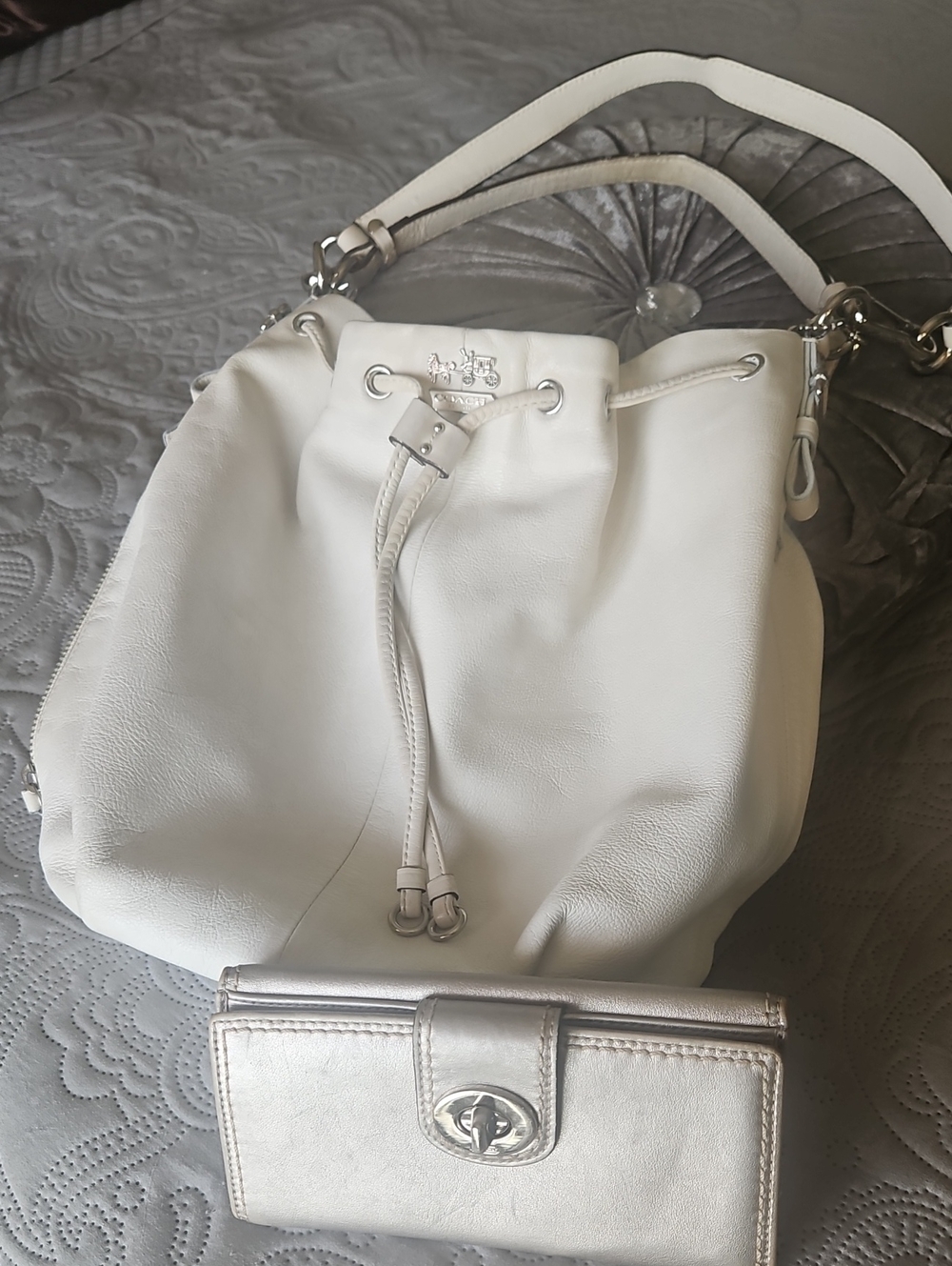 Coach White Leather Drawstring Bucket Bag with Silver Wallet